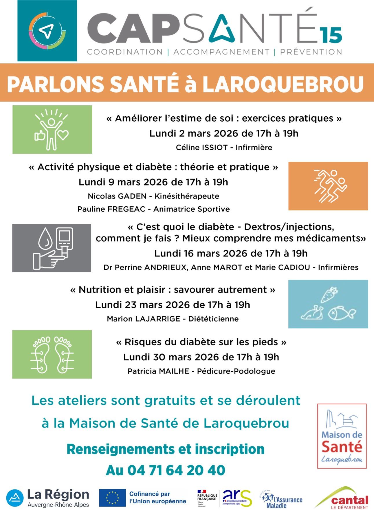 La Maison de Santé de Laroquebrou accueille, tout au long du mois de mars 2026, une série d’ateliers autour du diabète dans le cadre de l’initiative « Parlons Santé », portée par CAP Santé 15.